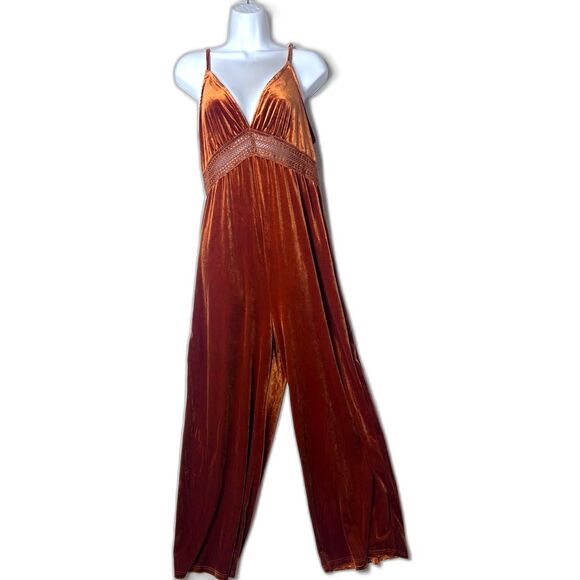 New Y2K Cider Orange Retro Boho Jumpsuit Velvet Wide Leg highwaist stretchy - Picture 2 of 7